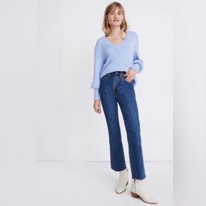 Madewell Dashwood V-Neck Sweater in Coziest Yarn Light Blue Puff Sleeve XS